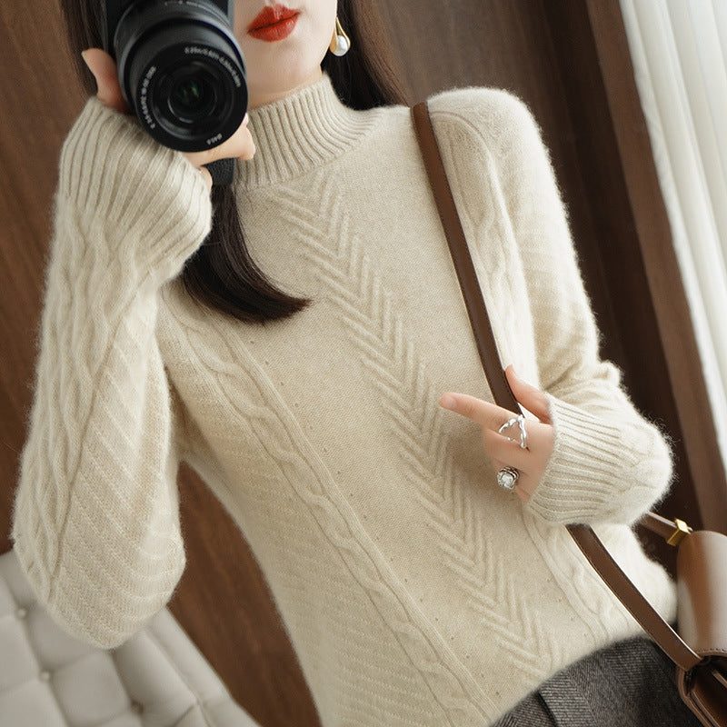 Cable Knit Stand Collar Sweater for Women - Velvet Beige