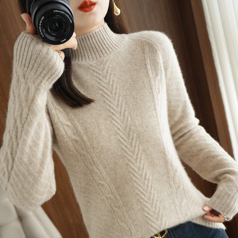 Cable Knit Stand Collar Sweater for Women - Elegant Camel