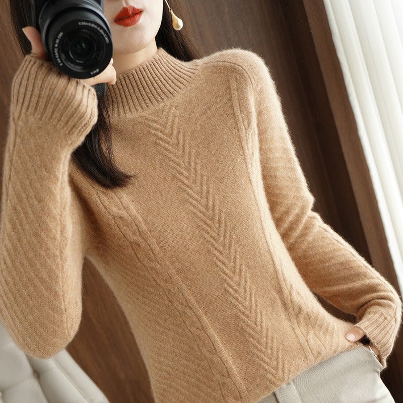 Cable Knit Stand Collar Sweater for Women - Sandgold-Camel