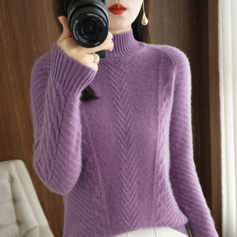 Cable Knit Stand Collar Sweater for Women - Royal Violet