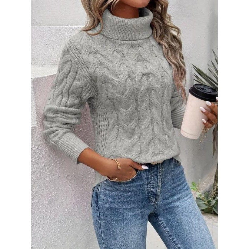 Cable Knit Turtleneck Jumper for Women - Grey