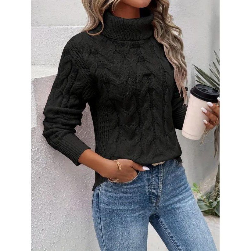 Cable Knit Turtleneck Jumper for Women - Black