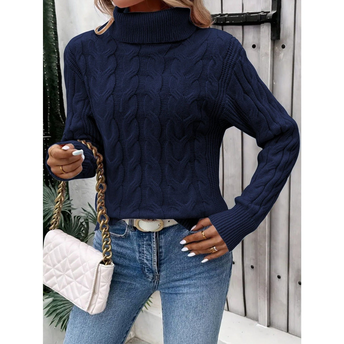 Cable Knit Turtleneck Jumper for Women - Blue