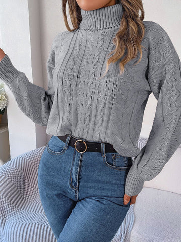 Cable Knit Turtleneck Long Sleeve Sweater for Women - Grey