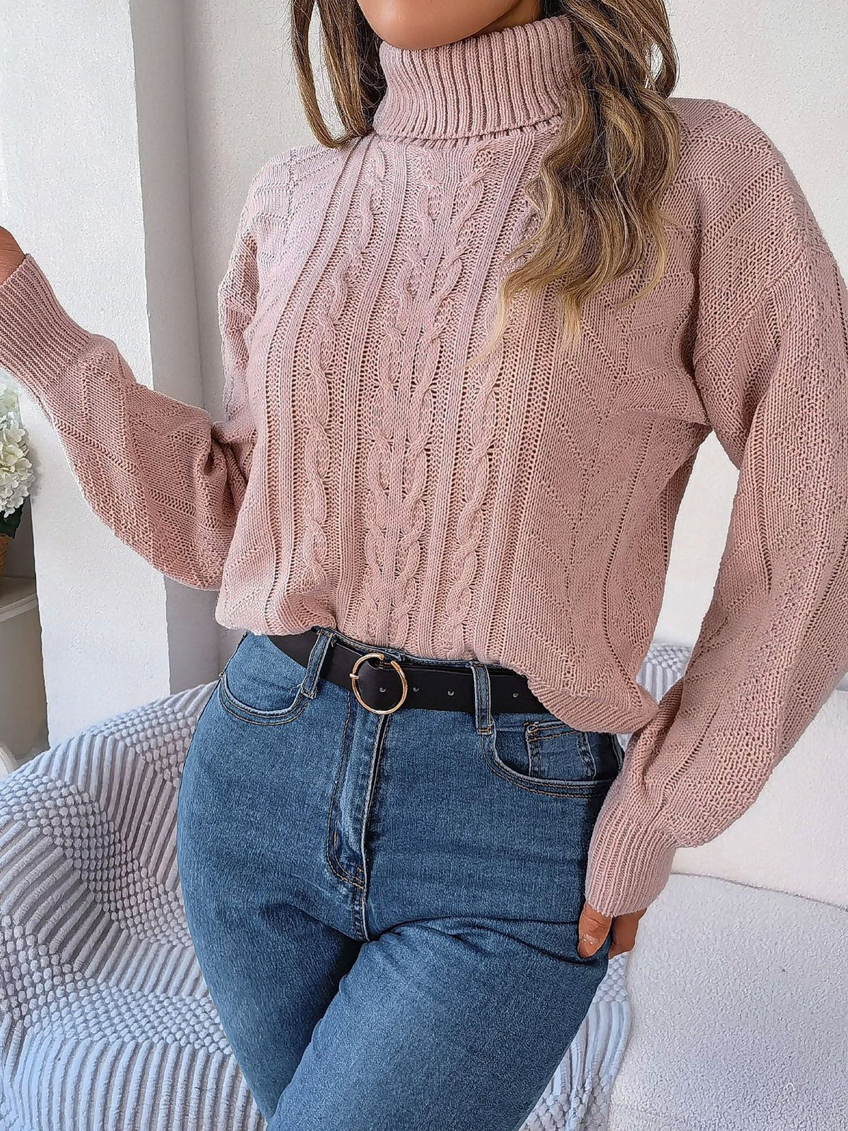 Cable Knit Turtleneck Long Sleeve Sweater for Women - View 10