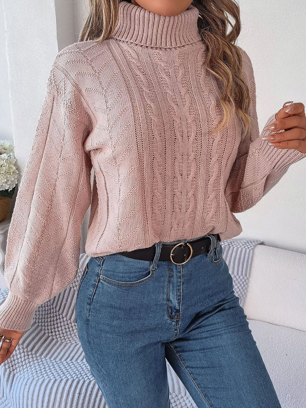 Cable Knit Turtleneck Long Sleeve Sweater for Women - View 11