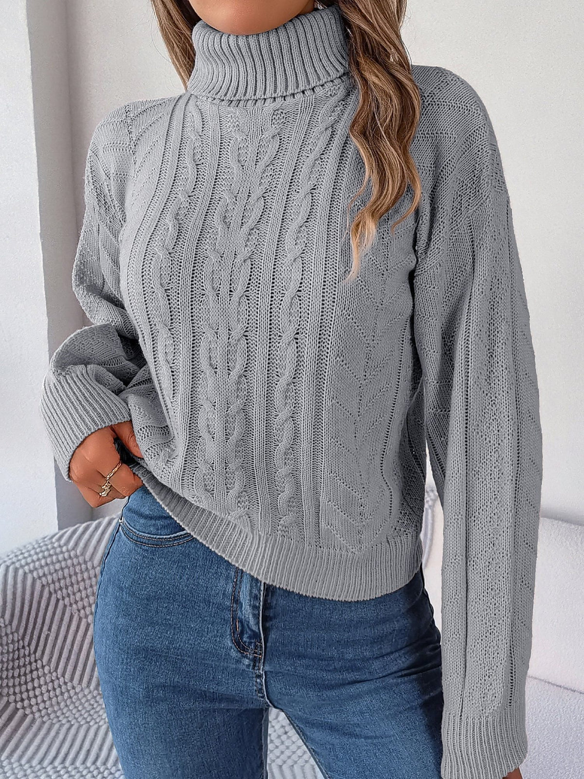 Cable Knit Turtleneck Long Sleeve Sweater for Women - View 13