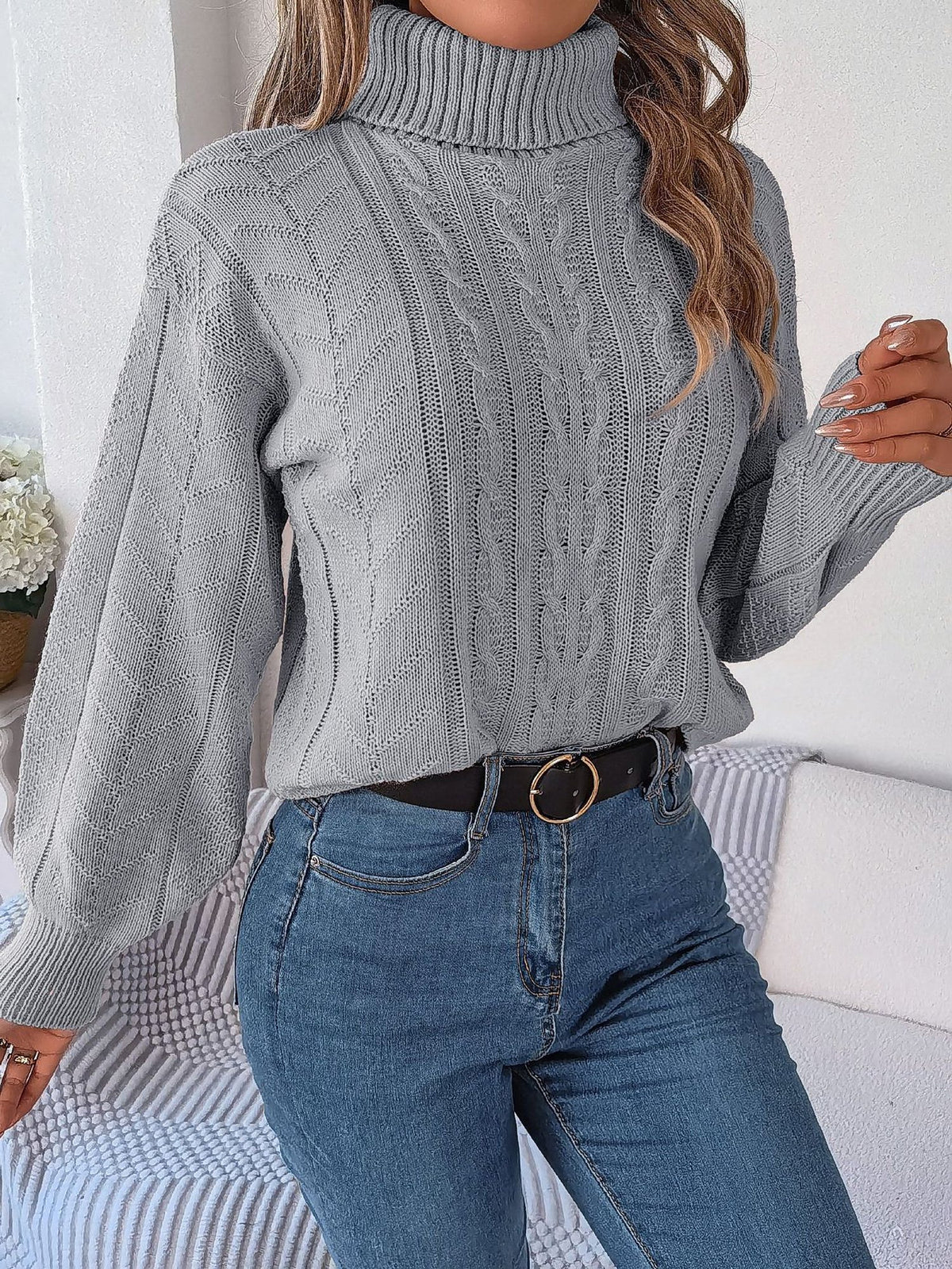 Cable Knit Turtleneck Long Sleeve Sweater for Women - View 16
