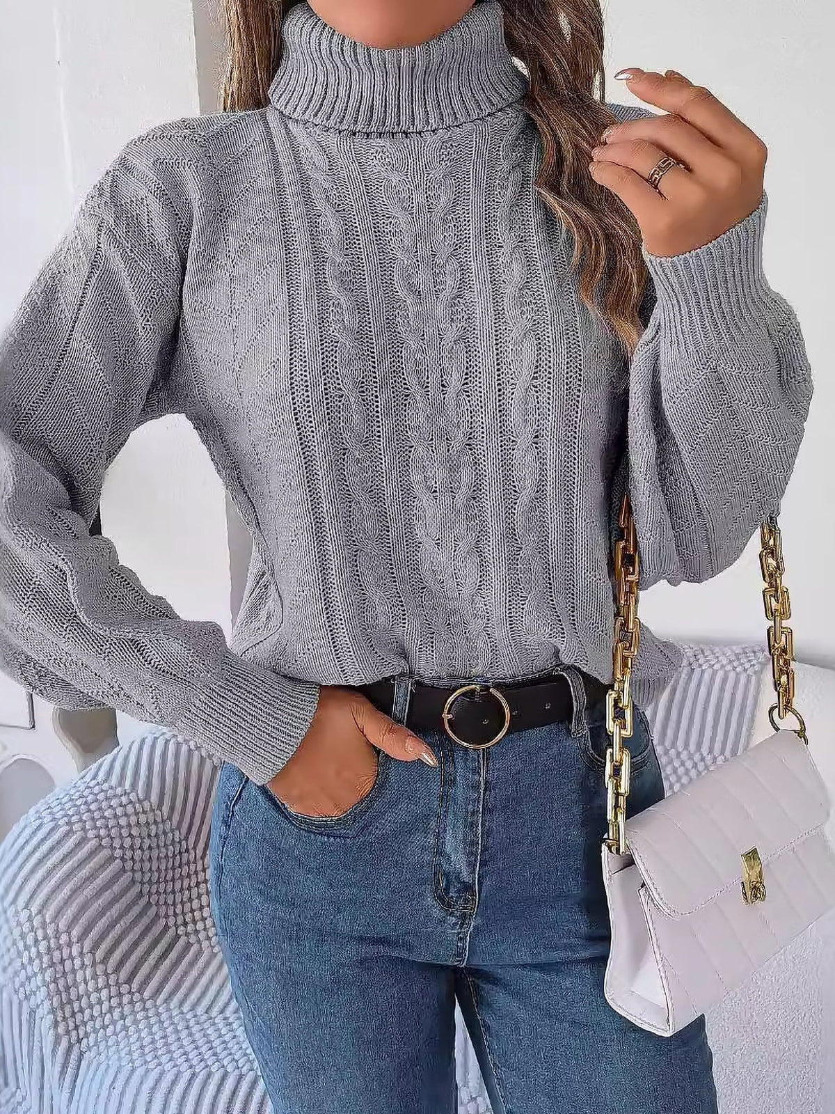 Cable Knit Turtleneck Long Sleeve Sweater for Women - View 18