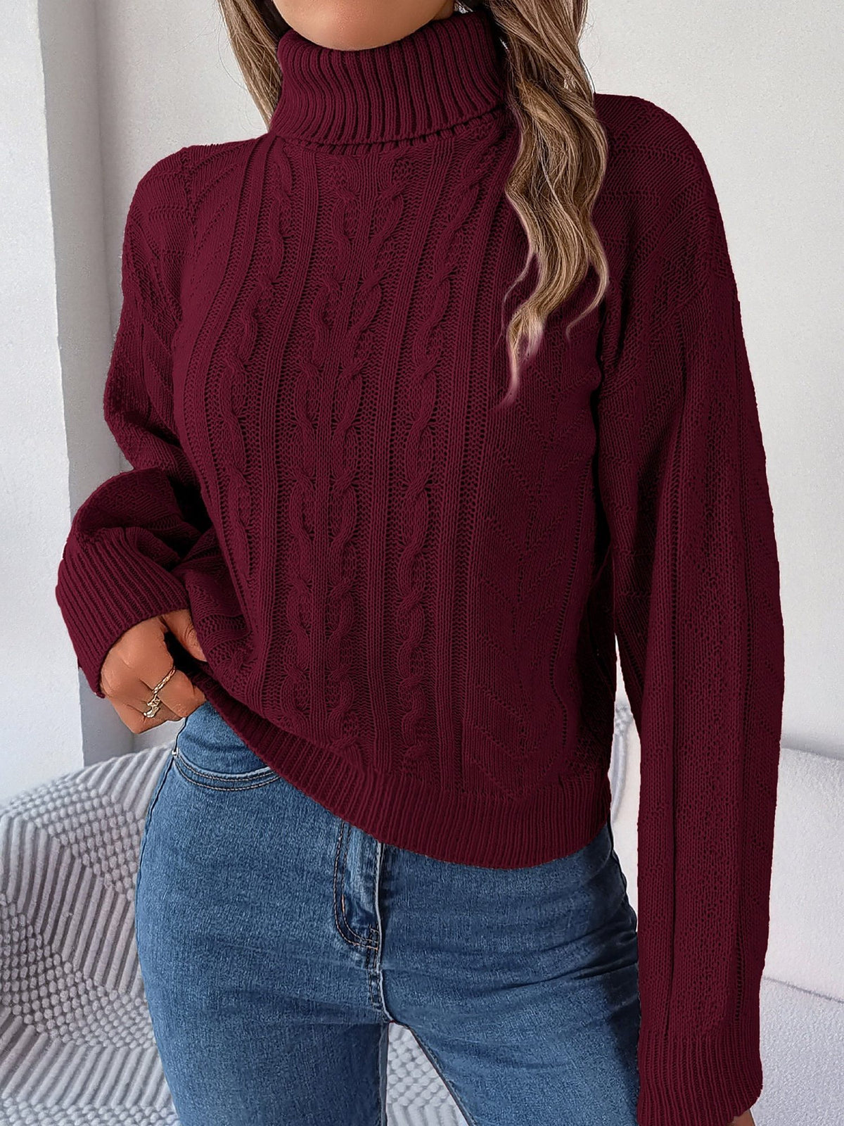 Cable Knit Turtleneck Long Sleeve Sweater for Women