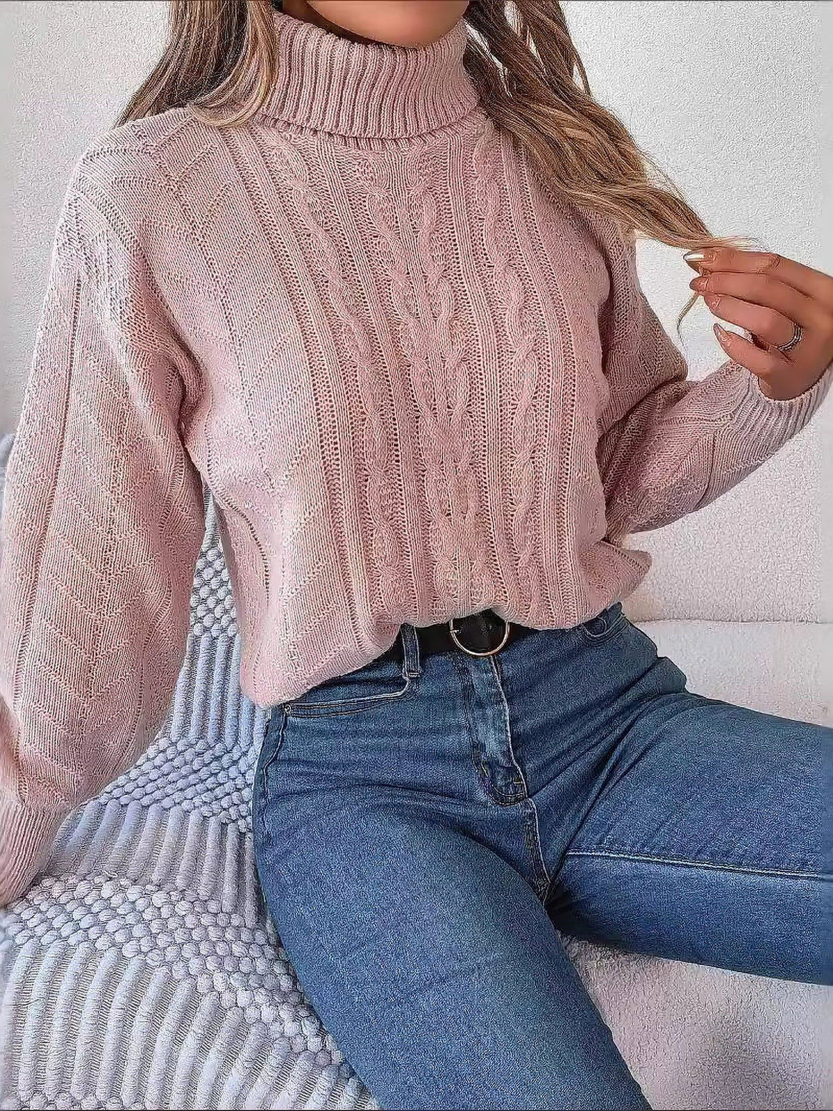 Cable Knit Turtleneck Long Sleeve Sweater for Women - Pink