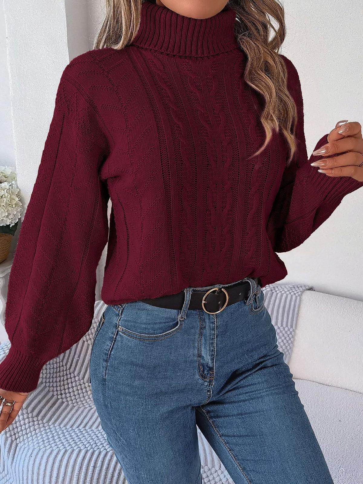 Cable Knit Turtleneck Long Sleeve Sweater for Women - View 3