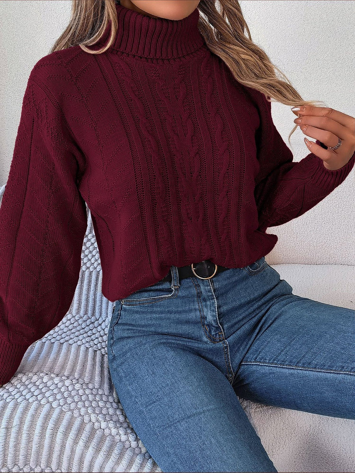 Cable Knit Turtleneck Long Sleeve Sweater for Women - View 4