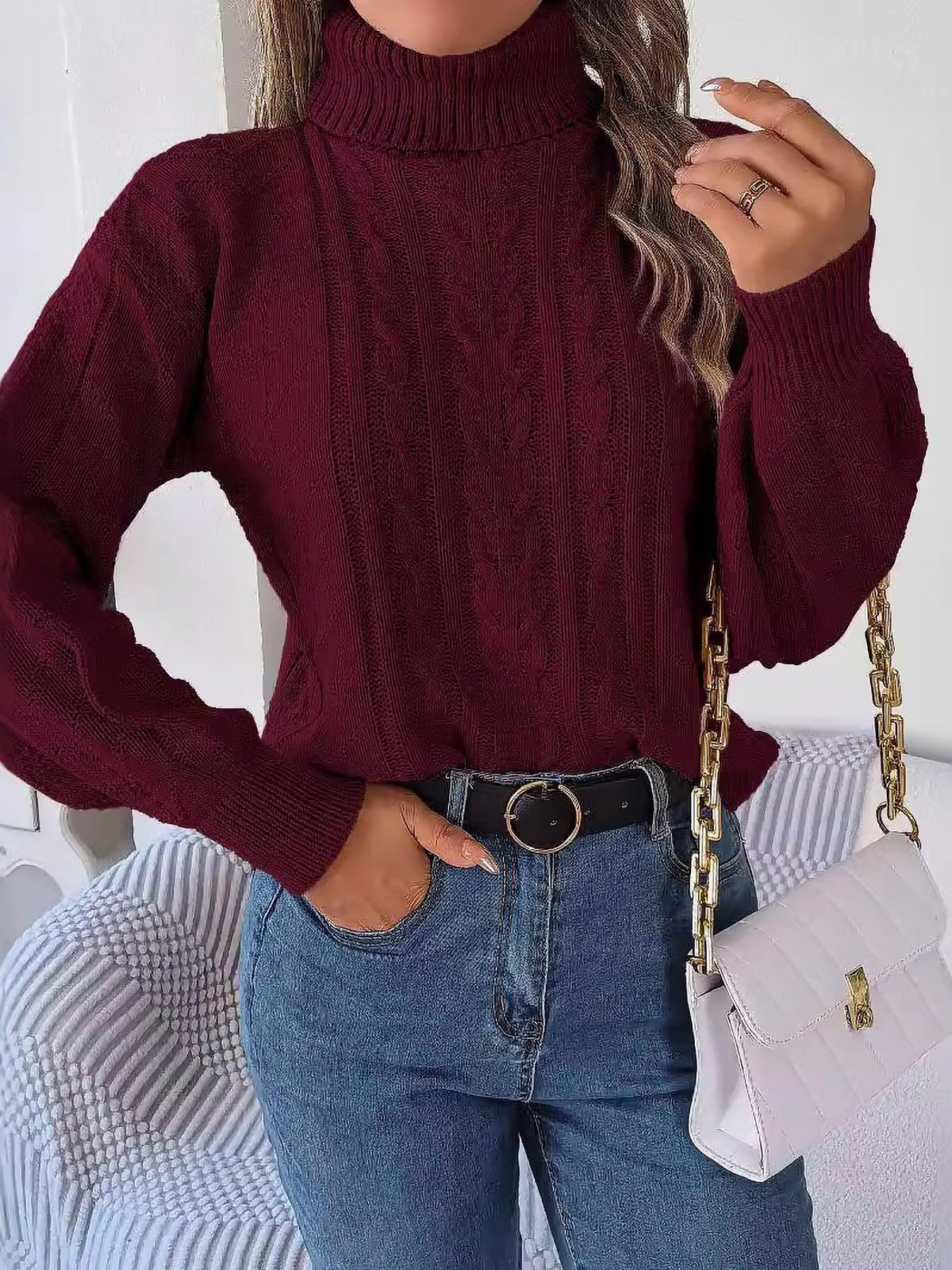 Cable Knit Turtleneck Long Sleeve Sweater for Women - View 5