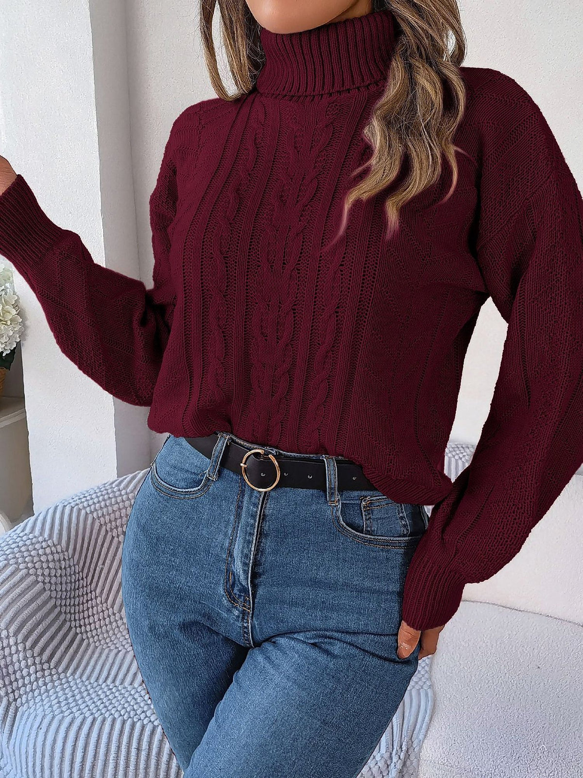 Cable Knit Turtleneck Long Sleeve Sweater for Women - View 6