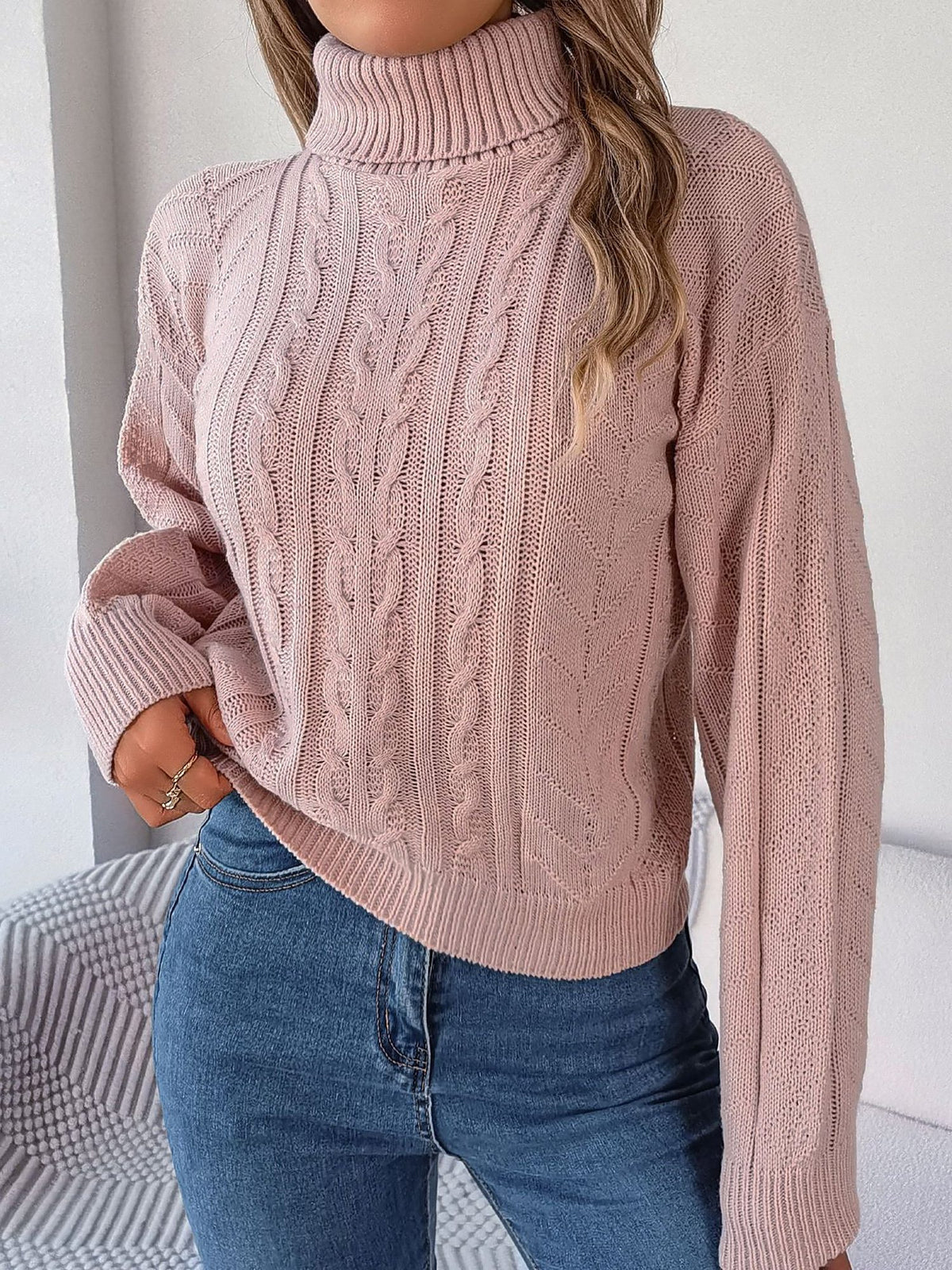 Cable Knit Turtleneck Long Sleeve Sweater for Women - View 7