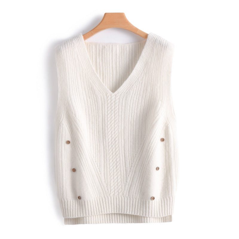 Cable Knit V-Neck Sleeveless Vest with Side Button Details for Women - White