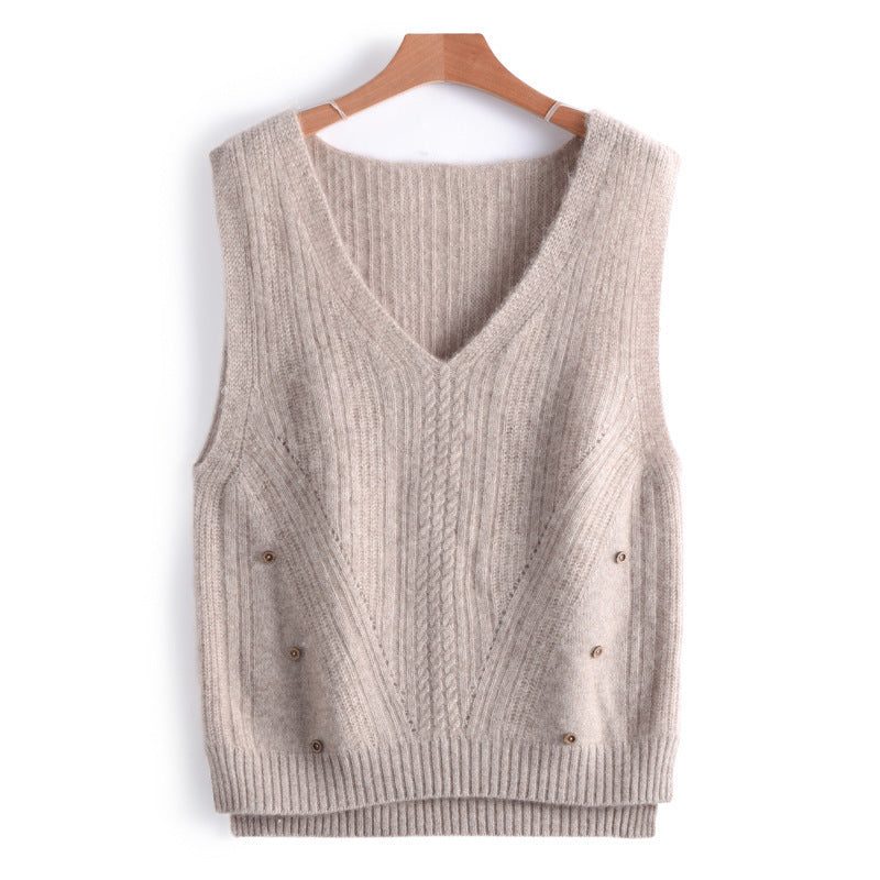 Cable Knit V-Neck Sleeveless Vest with Side Button Details for Women - Camel brown