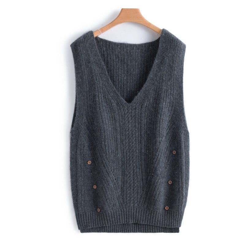 Cable Knit V-Neck Sleeveless Vest with Side Button Details for Women - View 3