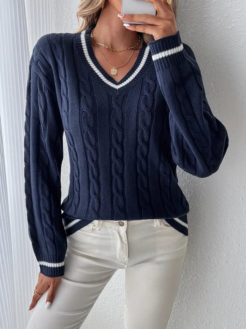 Cable Knit V-Neck Sweater with Ribbed Trim for Women