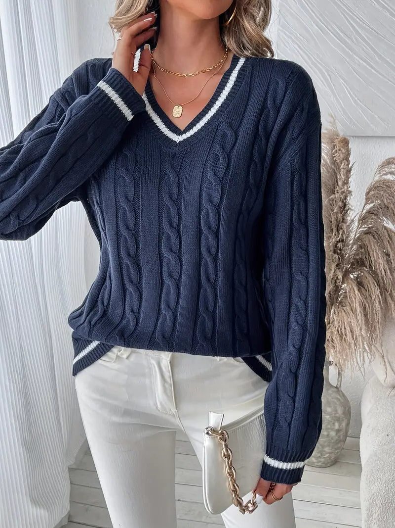 Cable Knit V-Neck Sweater with Ribbed Trim for Women - View 4