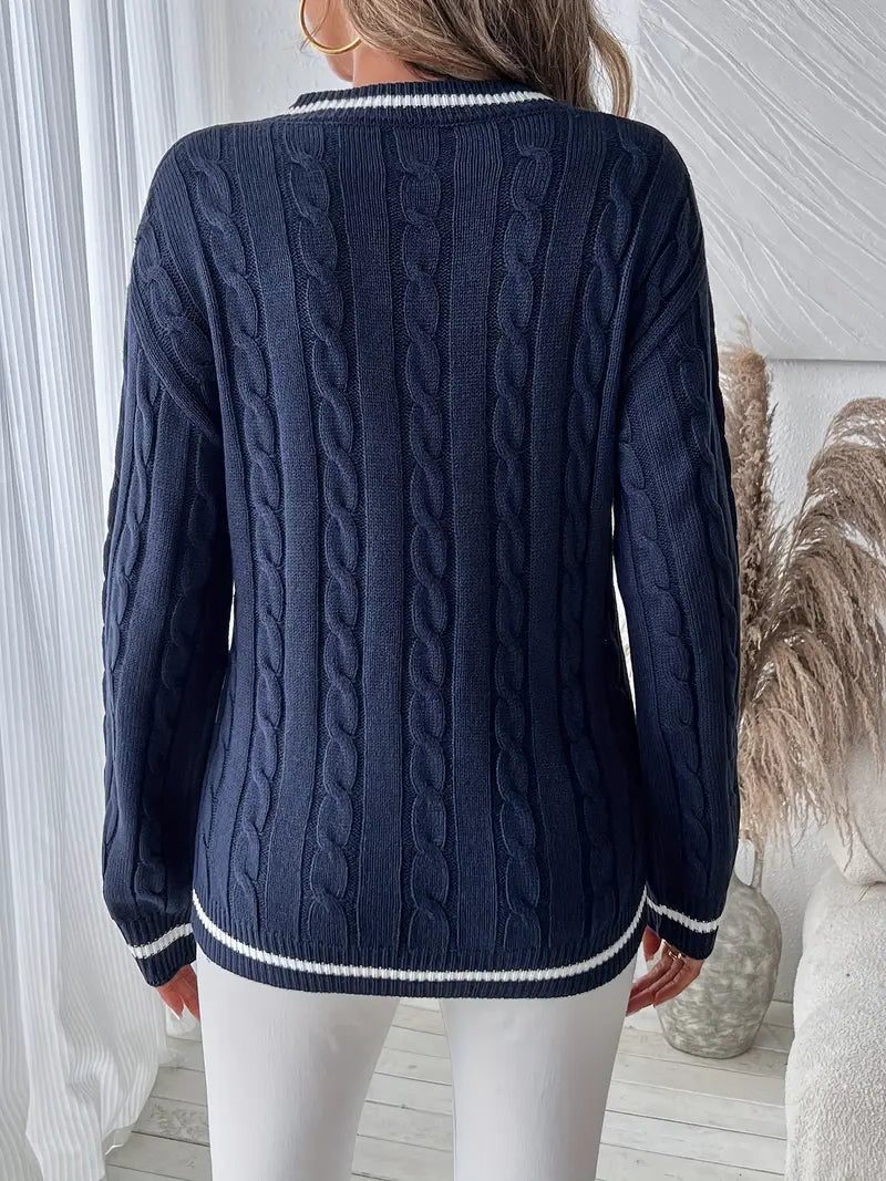 Cable Knit V-Neck Sweater with Ribbed Trim for Women - View 5