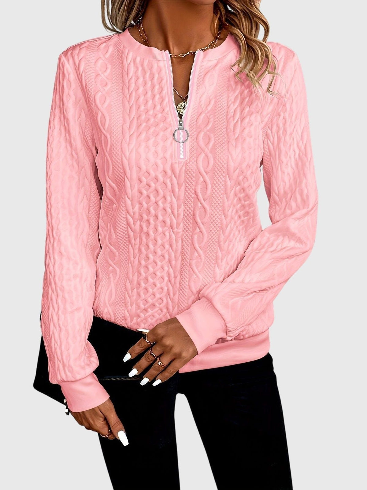 Cable Knit Zip-Up Jumper for Women - Pink