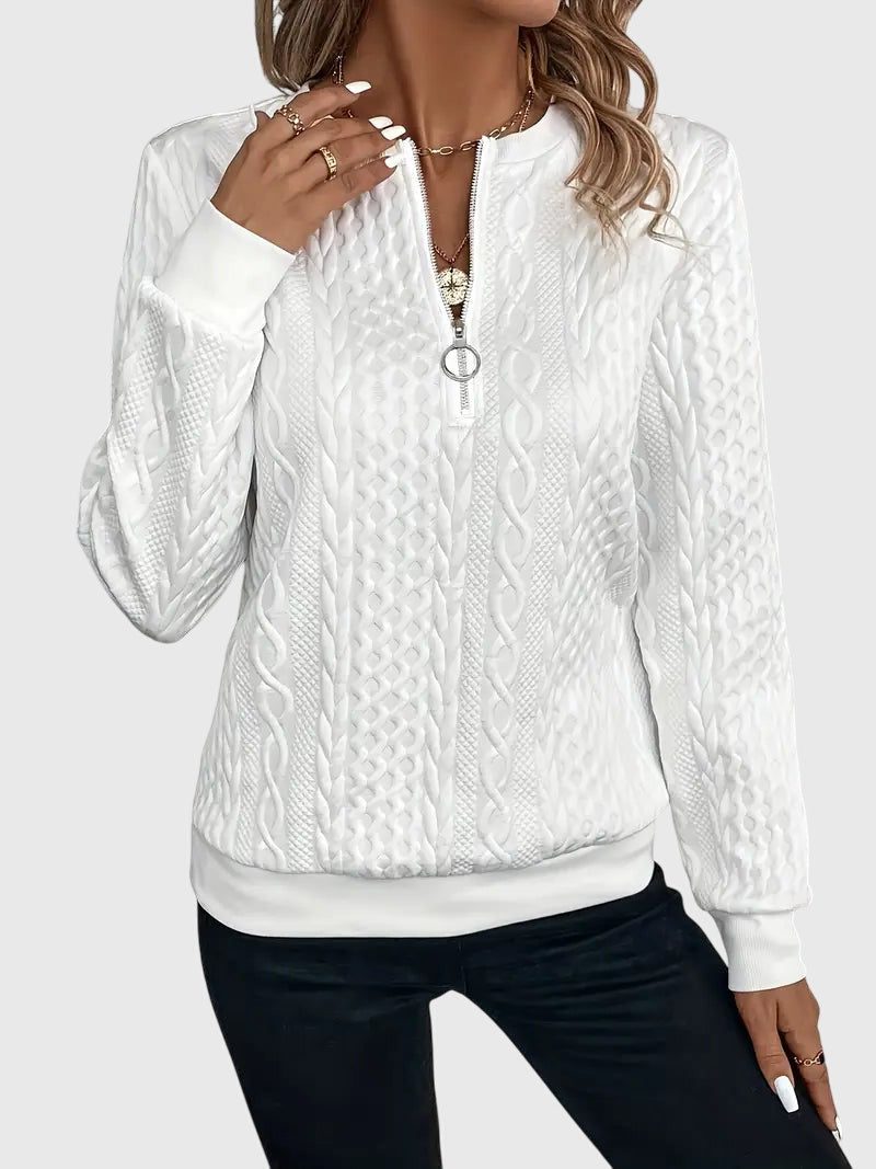 Cable Knit Zip-Up Jumper for Women - White with White Zipper