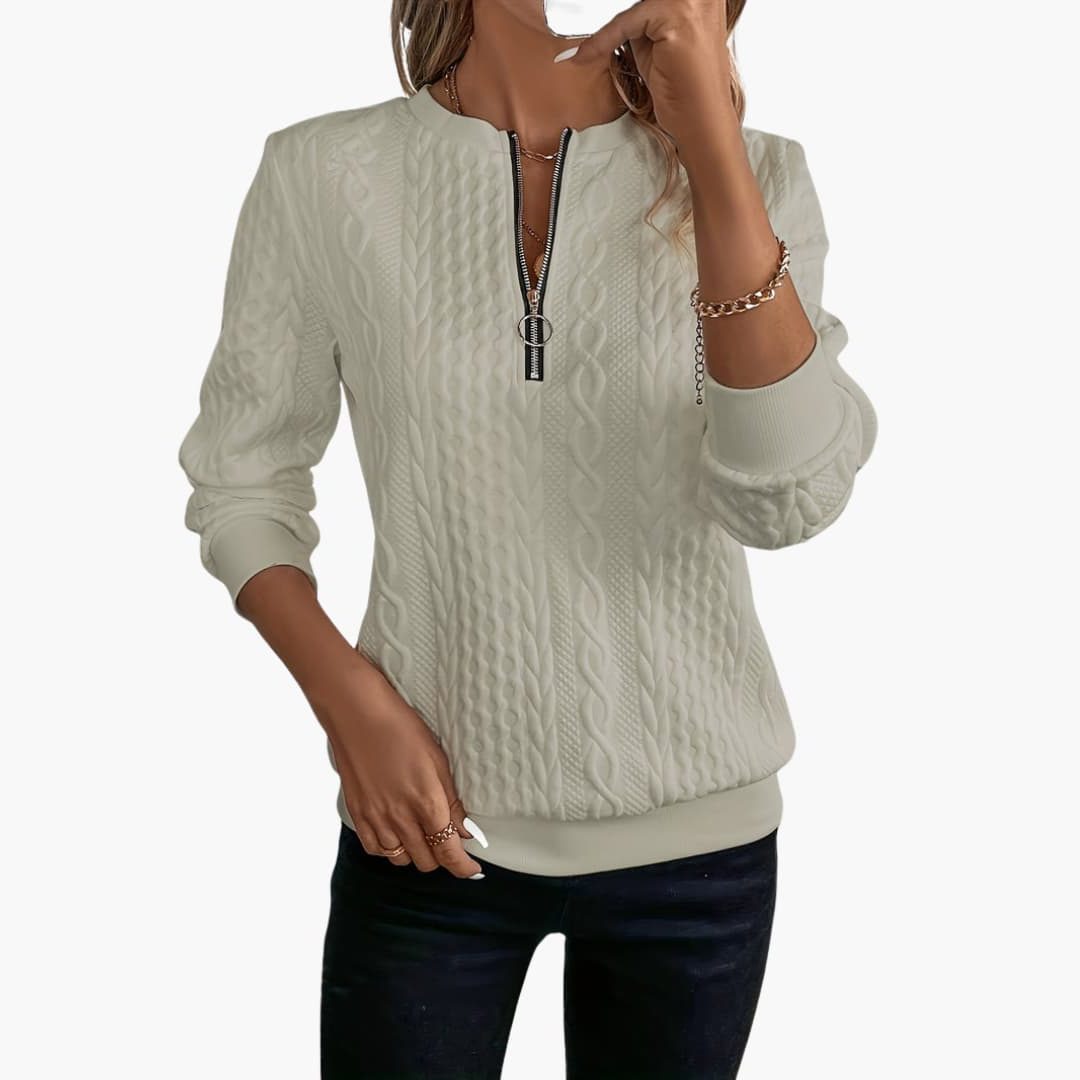 Cable Knit Zip-Up Pullover for Women - Beige