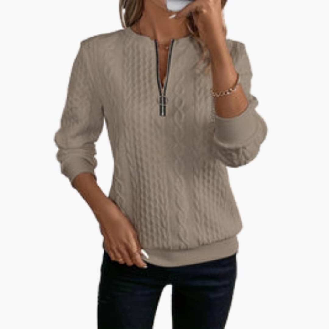Cable Knit Zip-Up Pullover for Women - Brown