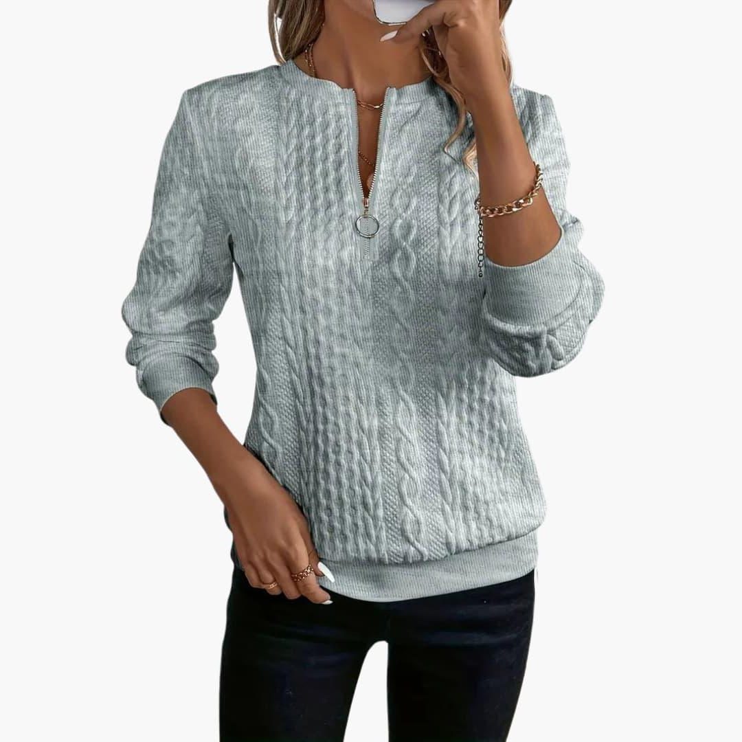 Cable Knit Zip-Up Pullover for Women - Gray