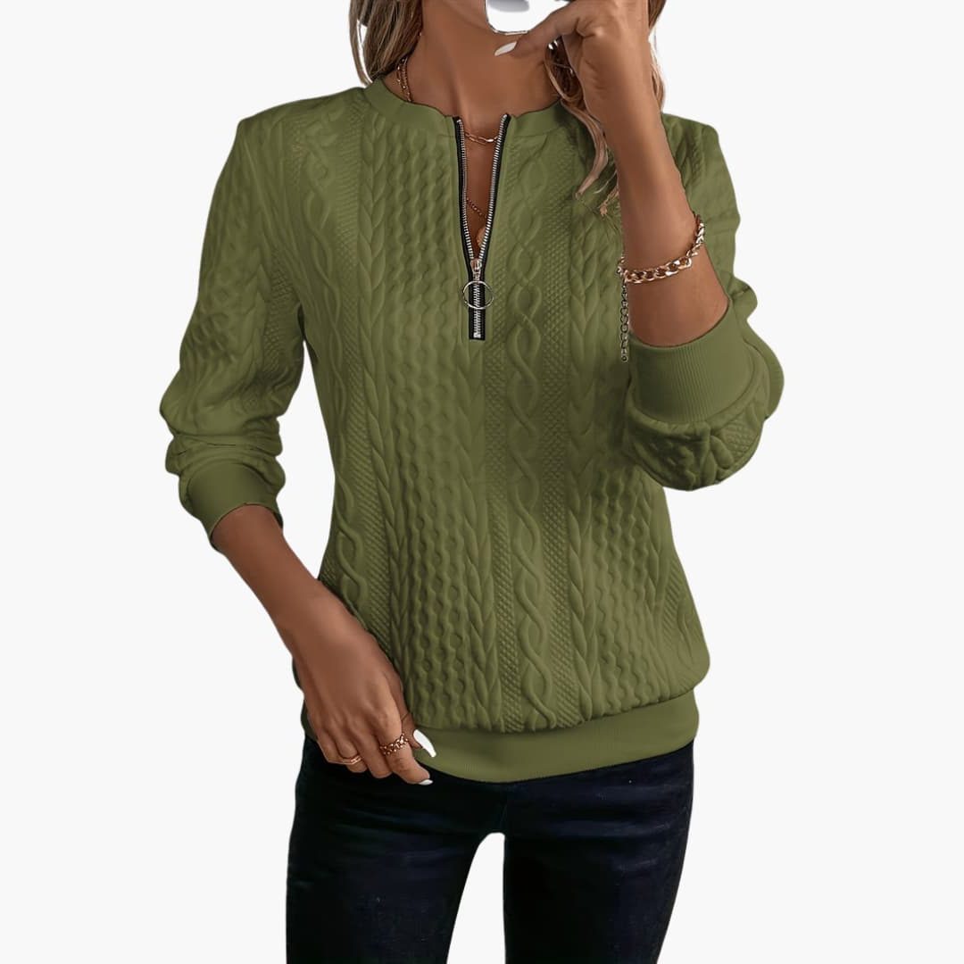 Cable Knit Zip-Up Pullover for Women - Green