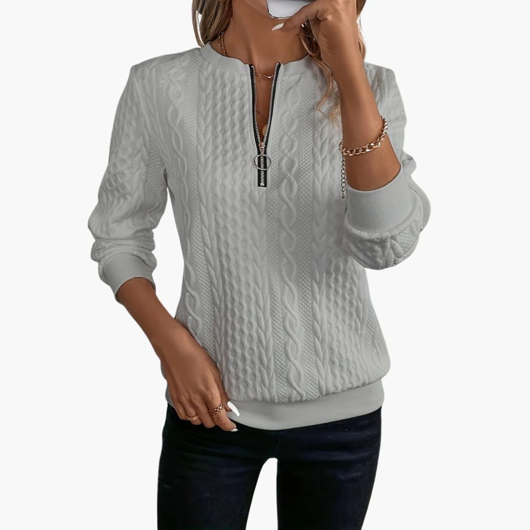 Cable Knit Zip-Up Pullover for Women - Light Gray