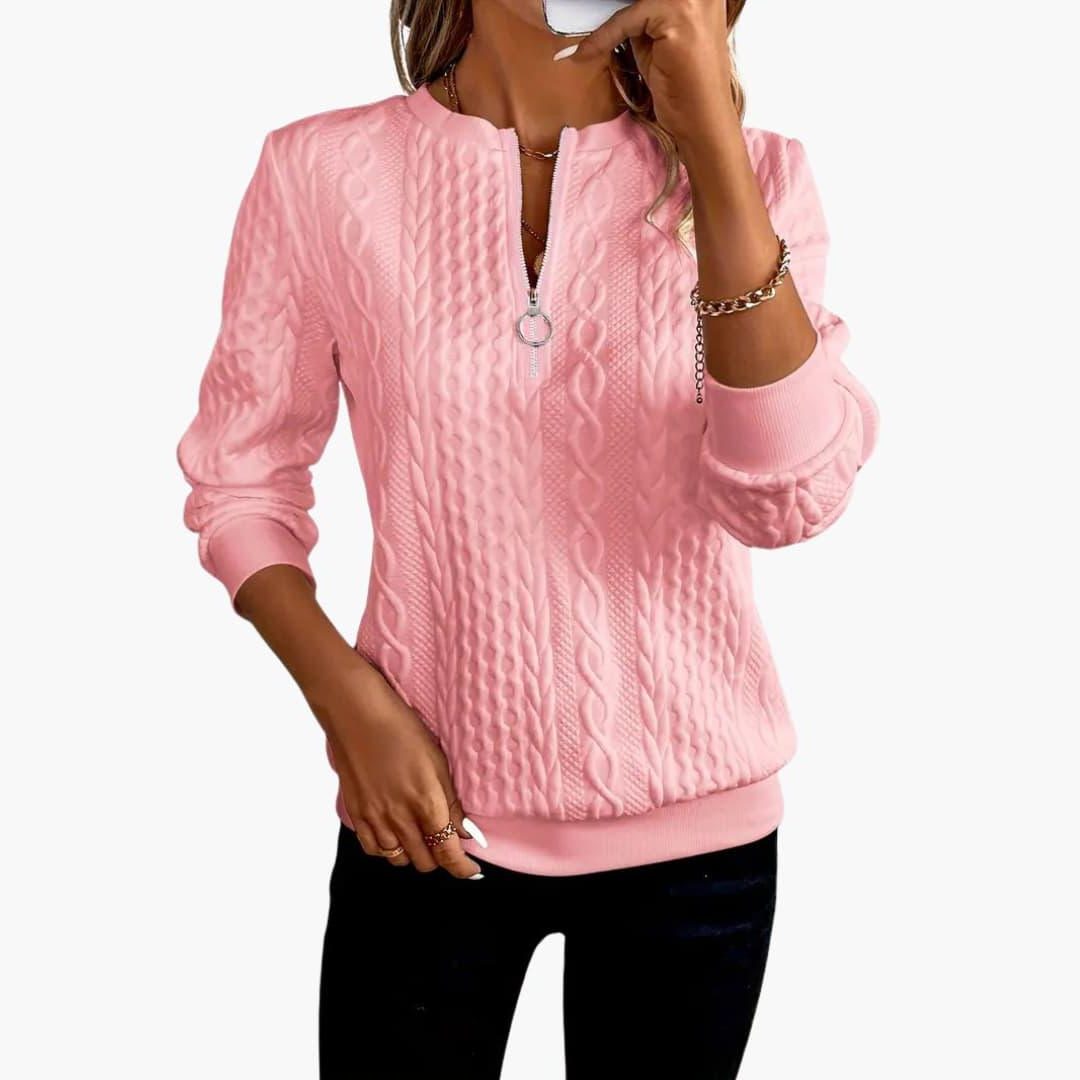 Cable Knit Zip-Up Pullover for Women - Pink