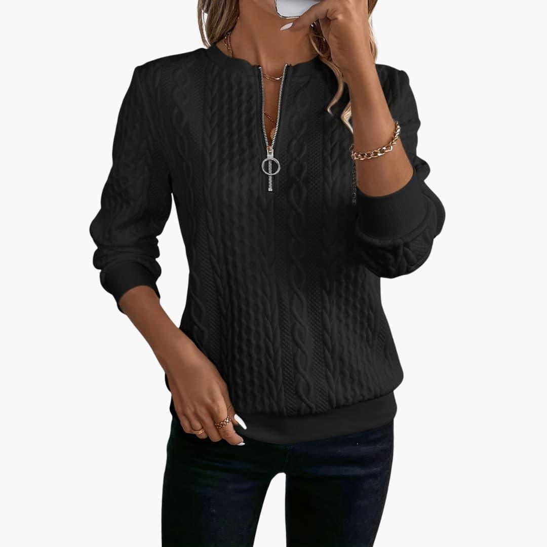 Cable Knit Zip-Up Pullover for Women - Black