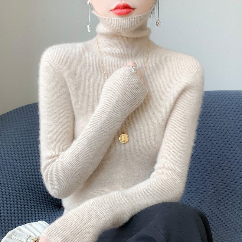 Cashmere Blend Ribbed Knit Turtleneck Sweater for Women - Beige
