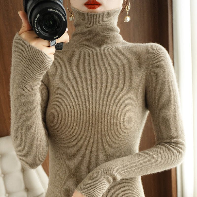 Cashmere Blend Ribbed Knit Turtleneck Sweater for Women - Elegant Camel