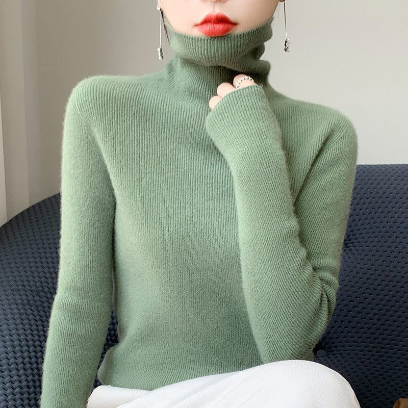 Cashmere Blend Ribbed Knit Turtleneck Sweater for Women - Leaf Green