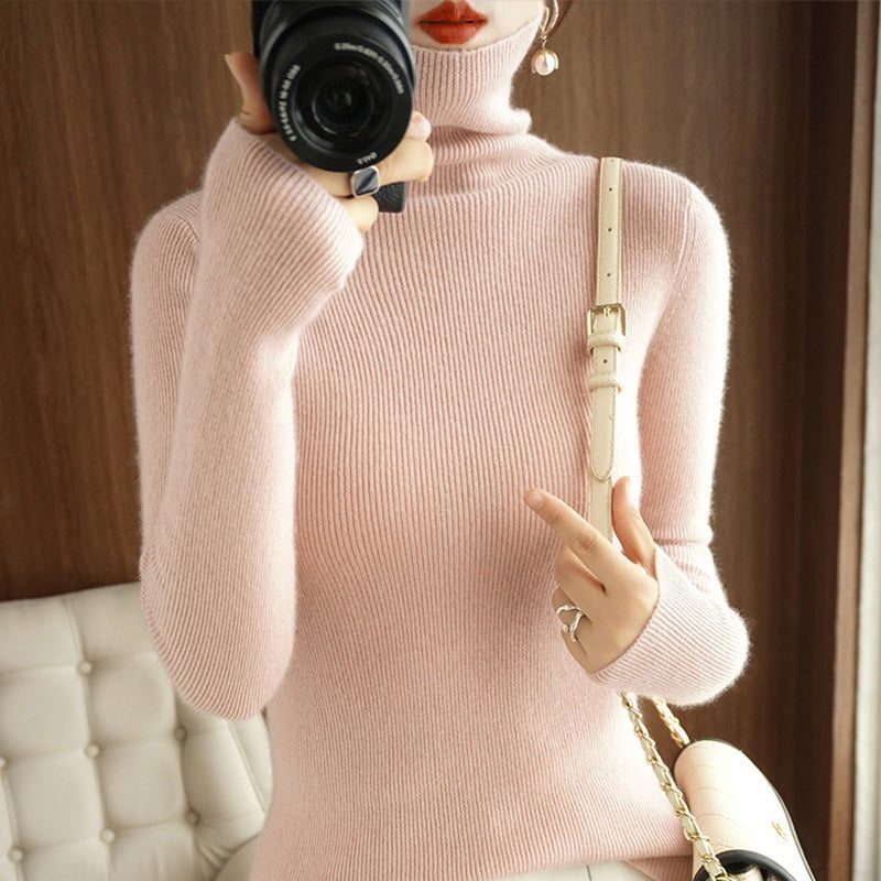 Cashmere Blend Ribbed Knit Turtleneck Sweater for Women - Light Pink