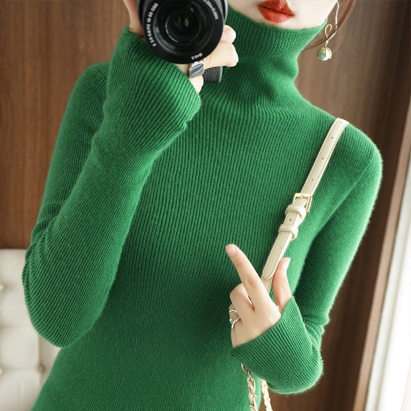 Cashmere Blend Ribbed Knit Turtleneck Sweater for Women - Green