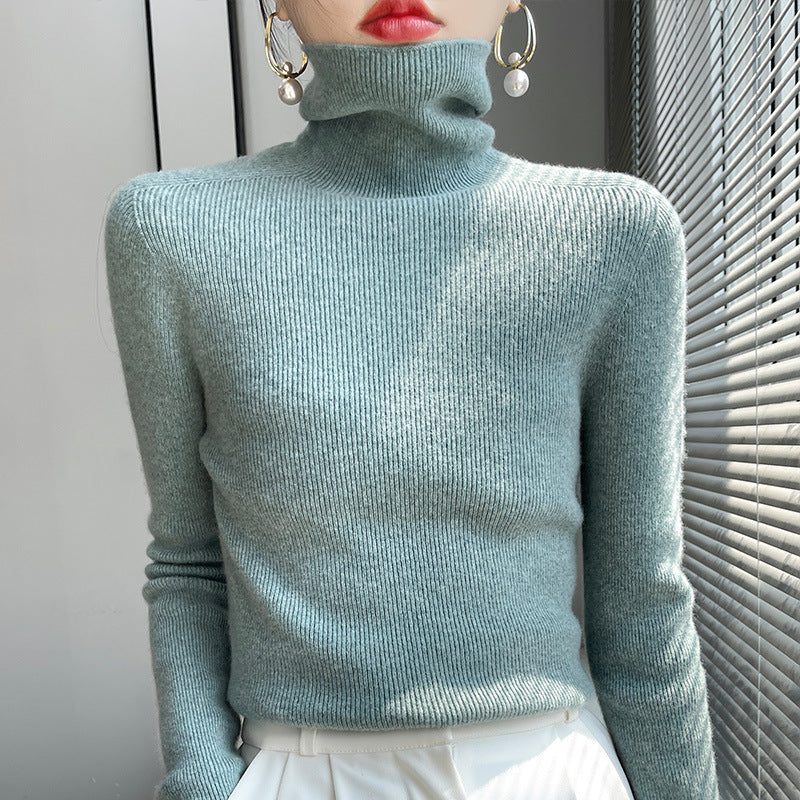 Cashmere Blend Ribbed Knit Turtleneck Sweater for Women - Mint Green