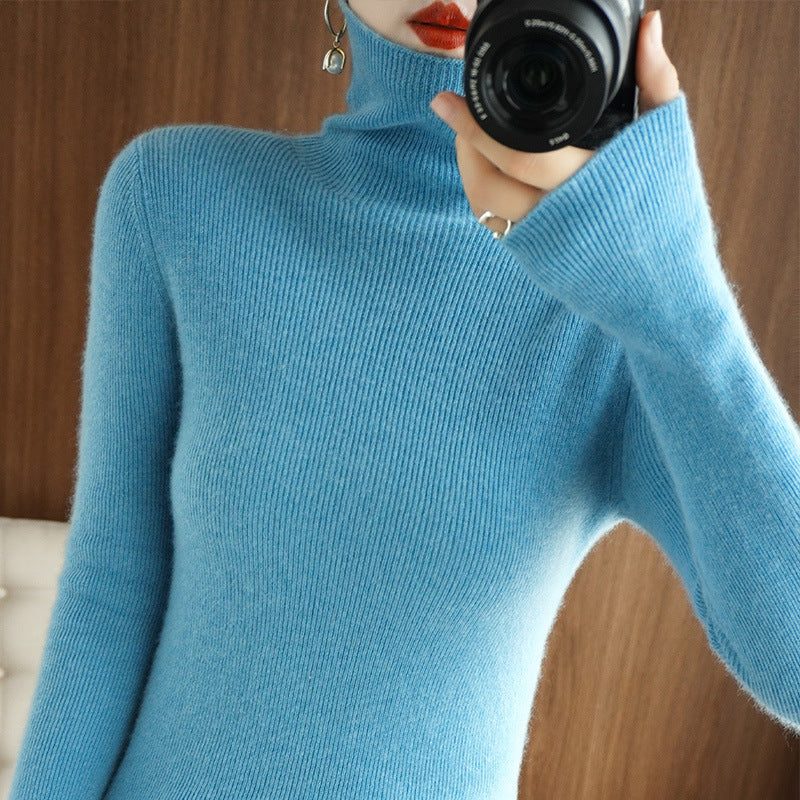 Cashmere Blend Ribbed Knit Turtleneck Sweater for Women - Lagoon Blue