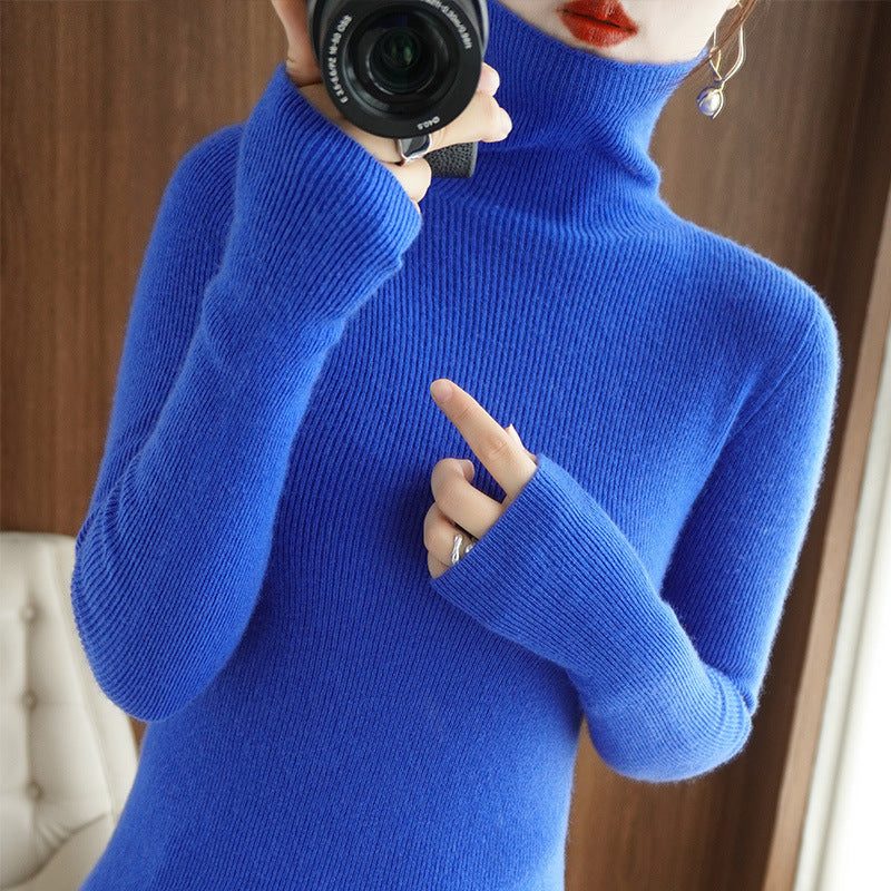 Cashmere Blend Ribbed Knit Turtleneck Sweater for Women - Small Blue