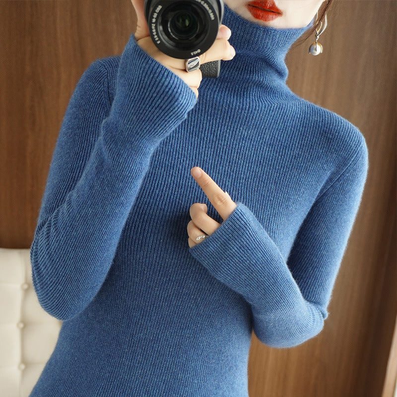 Cashmere Blend Ribbed Knit Turtleneck Sweater for Women - Algae Blue