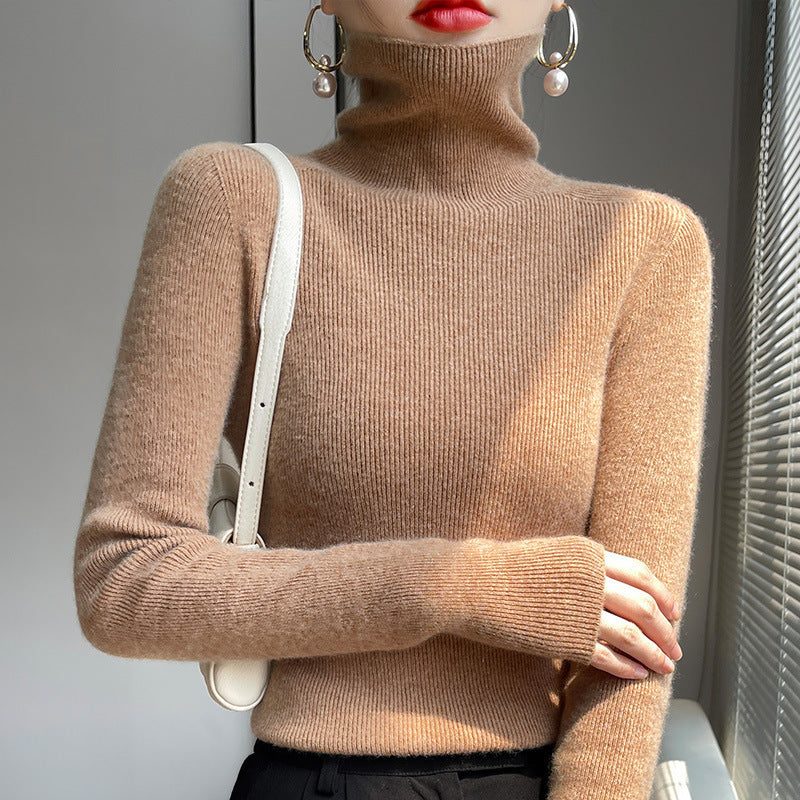 Cashmere Blend Ribbed Knit Turtleneck Sweater for Women - Gold-Camel