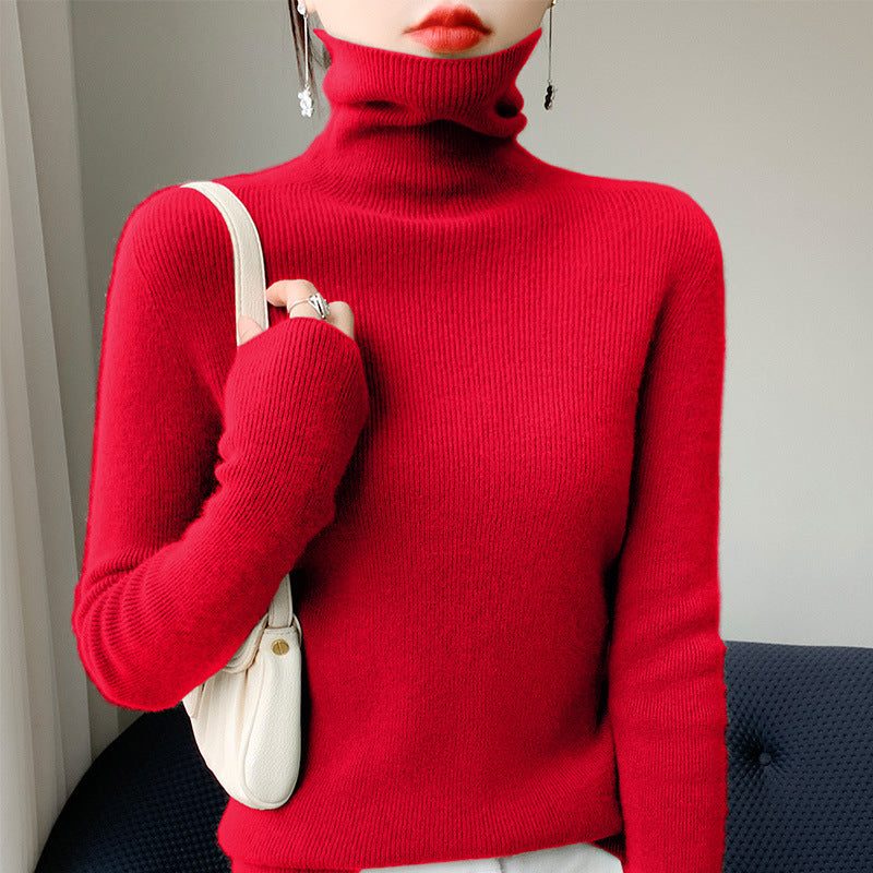 Cashmere Blend Ribbed Knit Turtleneck Sweater for Women - Cherry Red