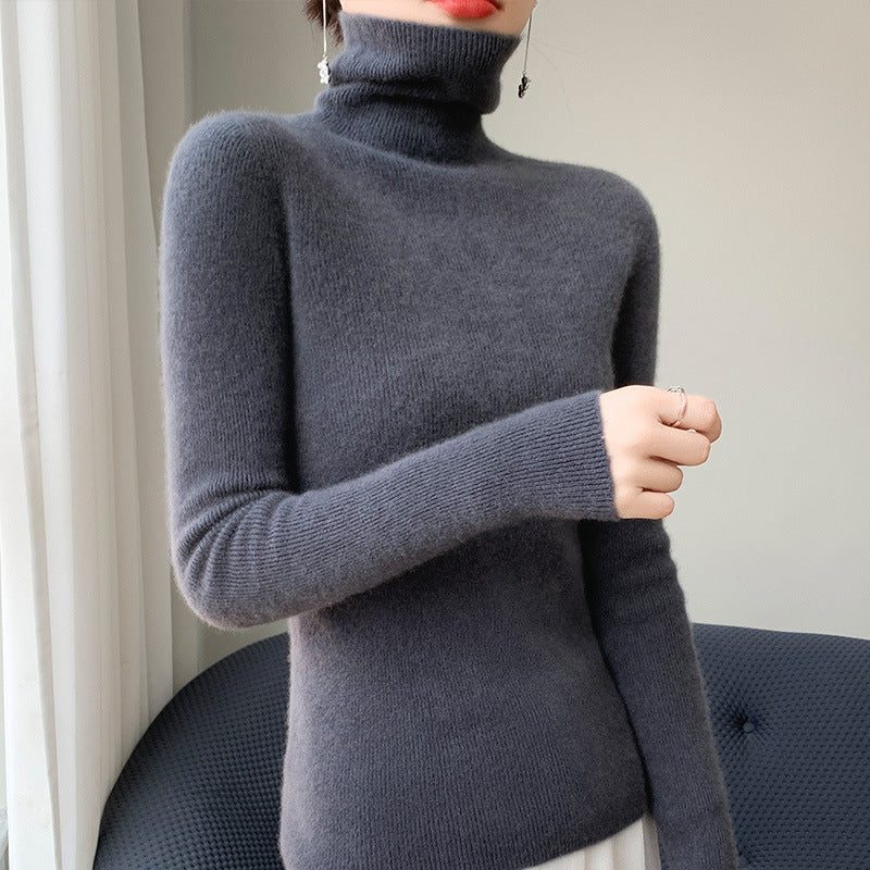 Cashmere Blend Ribbed Knit Turtleneck Sweater for Women - Elephant Gray