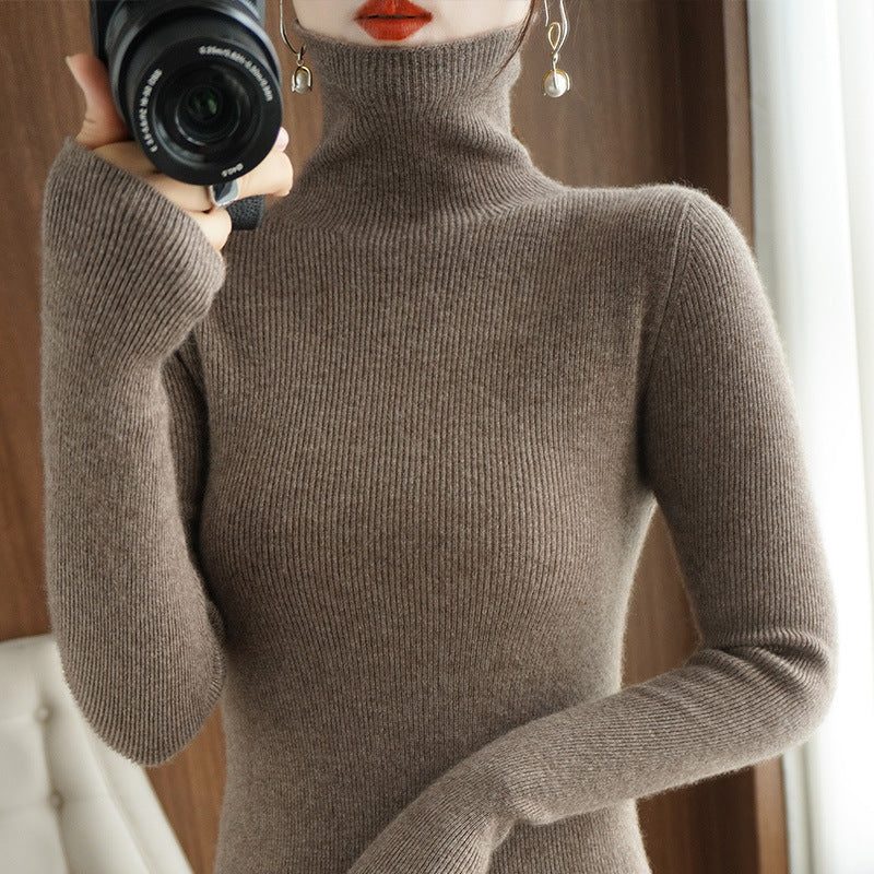 Cashmere Blend Ribbed Knit Turtleneck Sweater for Women - Dark Brown