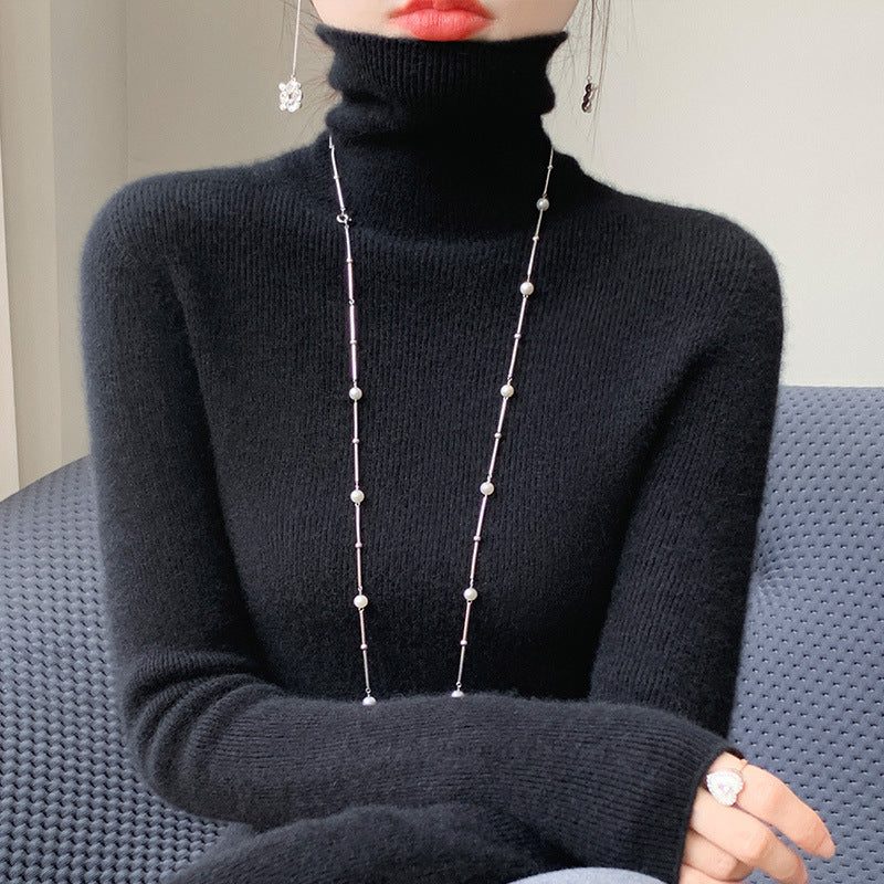 Cashmere Blend Ribbed Knit Turtleneck Sweater for Women - Black