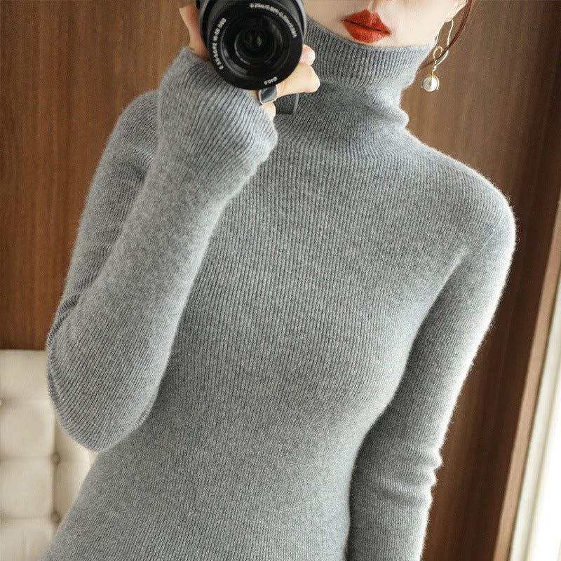 Cashmere Blend Ribbed Knit Turtleneck Sweater for Women - Gray